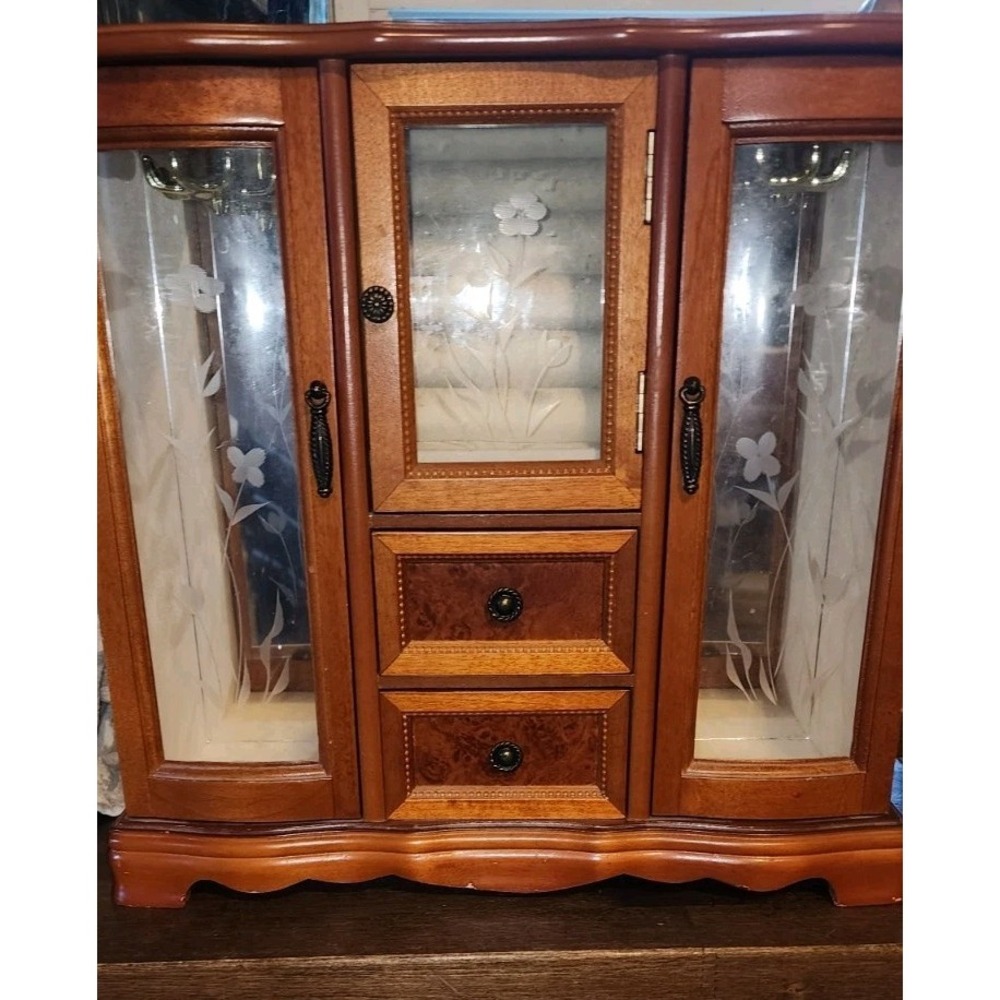 Vintage Wooden Tabletop Jewelry Box Armoire Glass Heart Cutout Floral Etched Dra